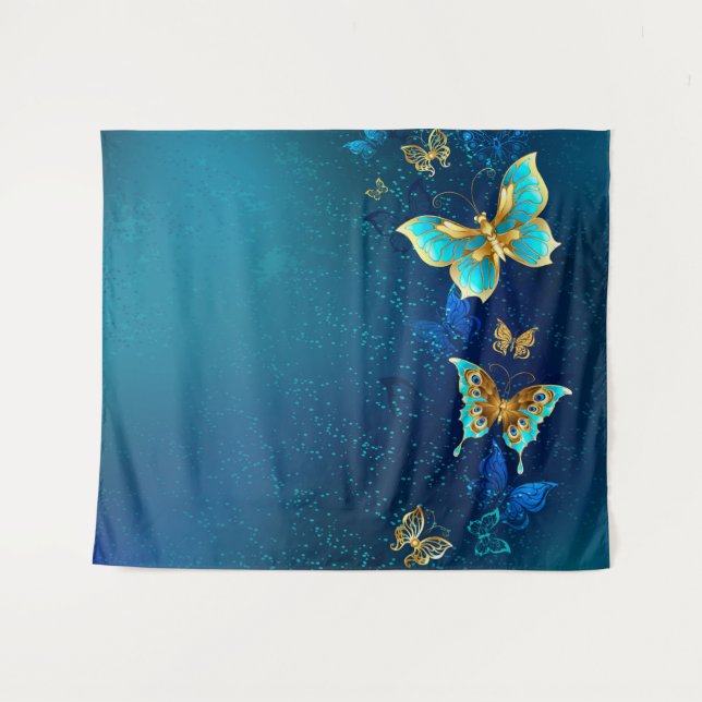 Golden Butterflies on a Blue Background Tapestry (Front (Horizontal))