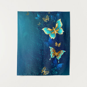 Golden Butterflies on a Blue Background Tapestry