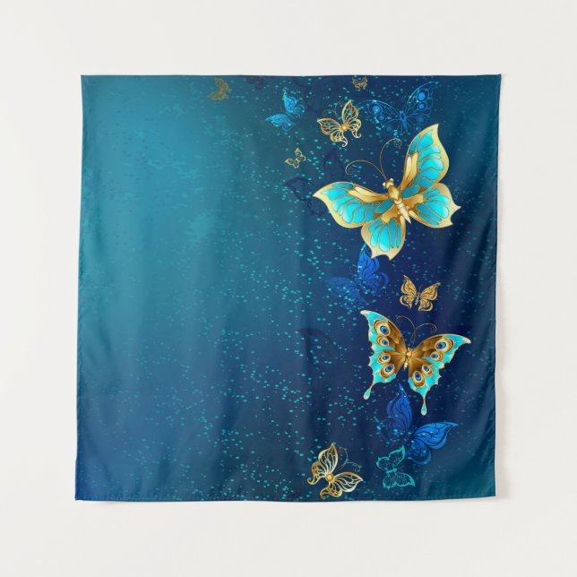 Golden Butterflies on a Blue Background Tapestry (Front)