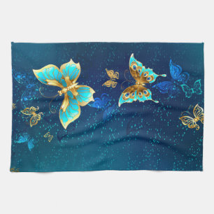 Golden Butterflies on a Blue Background Tea Towel
