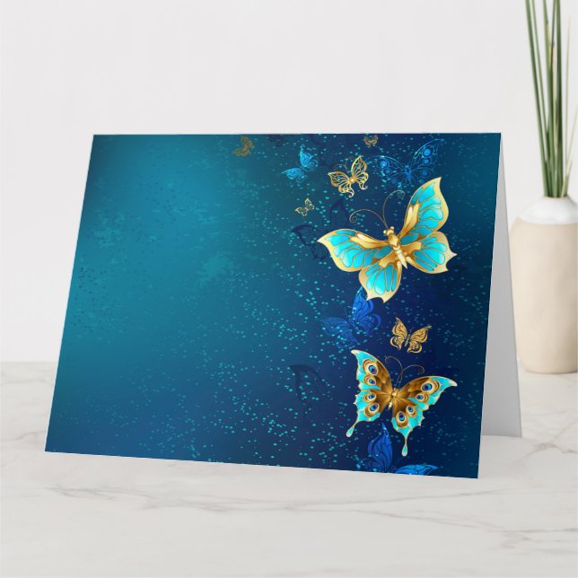 Golden Butterflies on a Blue Background Thank You Card (Front)