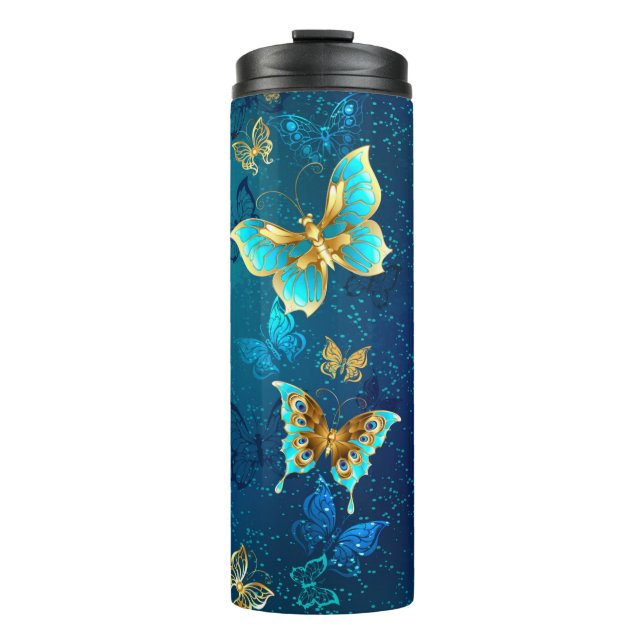 Golden Butterflies on a Blue Background Thermal Tumbler (Front)