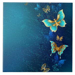 Golden Butterflies on a Blue Background Tile