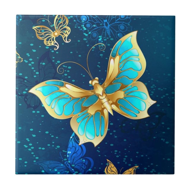Golden Butterflies on a Blue Background Tile (Front)