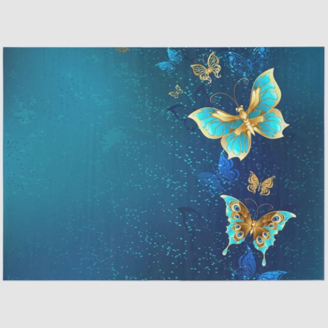 Golden Butterflies on a Blue Background Tissue Paper (Front)