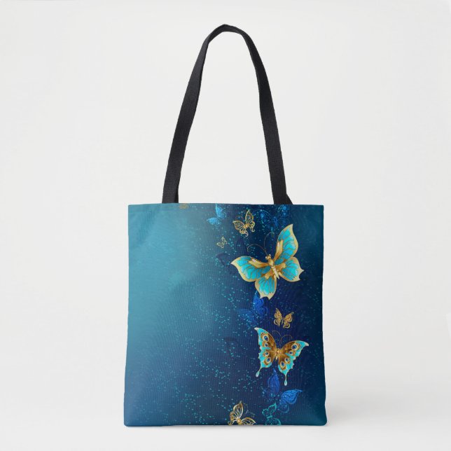 Golden Butterflies on a Blue Background Tote Bag (Front)