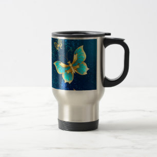 Golden Butterflies on a Blue Background Travel Mug