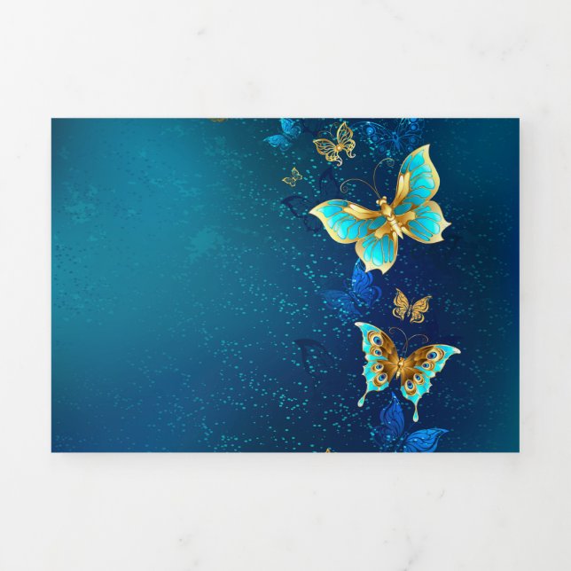 Golden Butterflies on a Blue Background Tri-Fold Announcement (Cover)