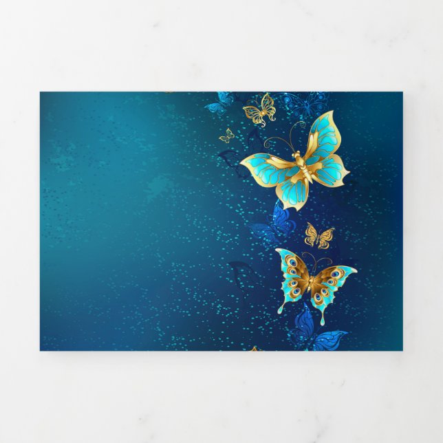 Golden Butterflies on a Blue Background Tri-Fold Holiday Card (Cover)