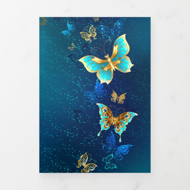 Golden Butterflies on a Blue Background Tri-Fold Holiday Card (Cover)
