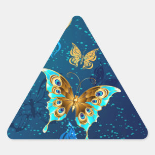 Golden Butterflies on a Blue Background Triangle Sticker