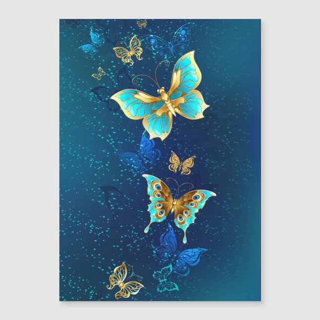 Golden Butterflies on a Blue Background Uncommon Magnetic Invitation (Front)