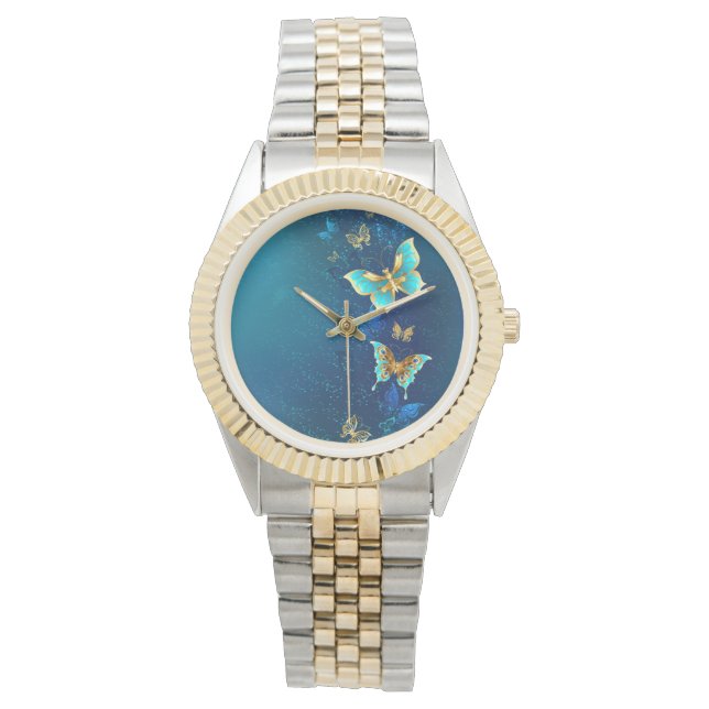 Golden Butterflies on a Blue Background Watch (Front)