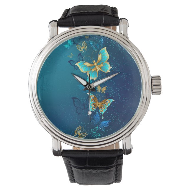 Golden Butterflies on a Blue Background Watch (Front)