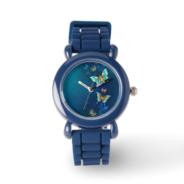 Golden Butterflies on a Blue Background Watch (Front)