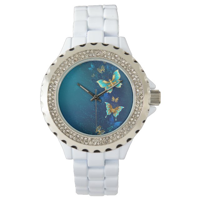 Golden Butterflies on a Blue Background Watch (Front)