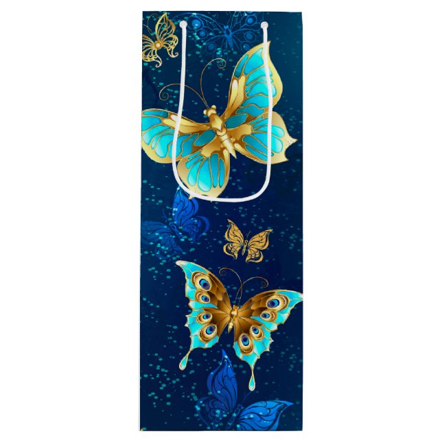 Golden Butterflies on a Blue Background Wine Gift Bag (Front)
