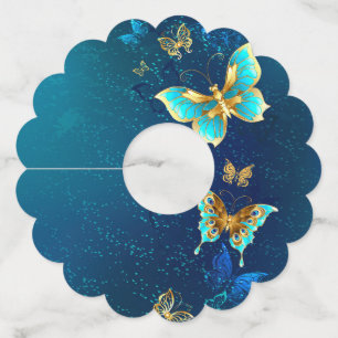 Golden Butterflies on a Blue Background Wine Glass Tag