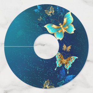 Golden Butterflies on a Blue Background Wine Glass Tag