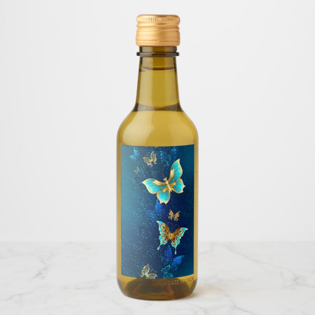 Golden Butterflies on a Blue Background Wine Label (Front)