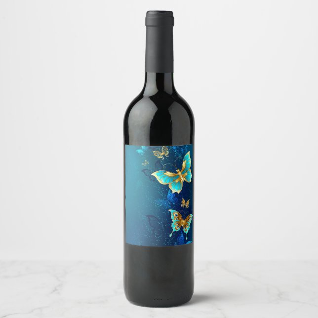 Golden Butterflies on a Blue Background Wine Label (Front)
