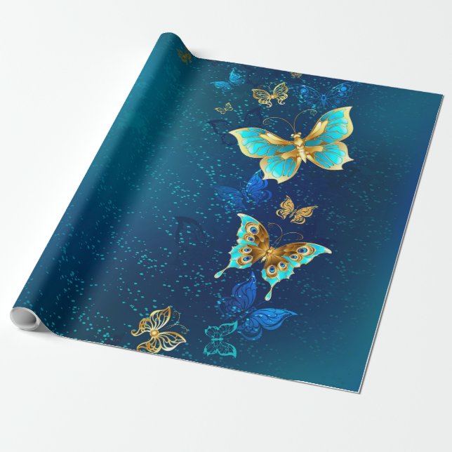 Golden Butterflies on a Blue Background Wrapping Paper (Unrolled)