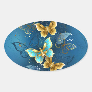 Golden butterflies oval sticker