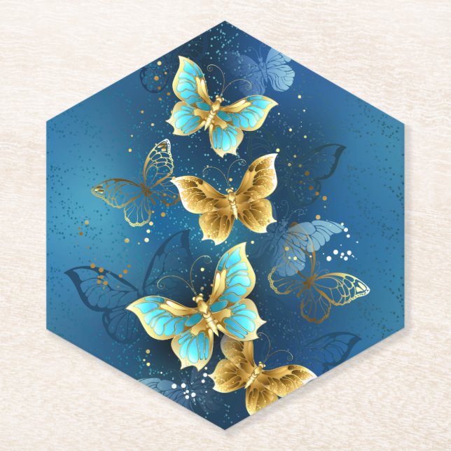 Golden butterflies paper coaster (Front)