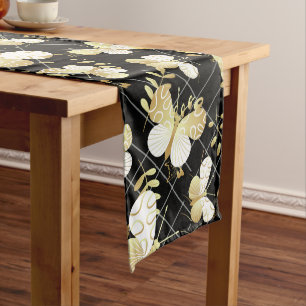 Golden butterflies Pattern 20.bw Black BG Long Table Runner