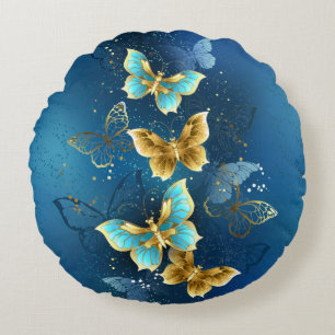 Golden butterflies round cushion