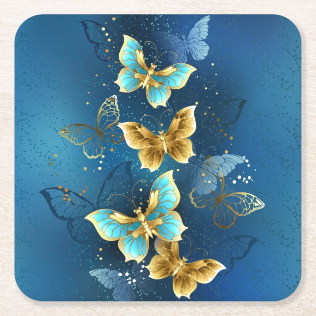Golden butterflies square paper coaster (Front)