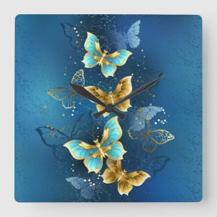Golden butterflies square wall clock