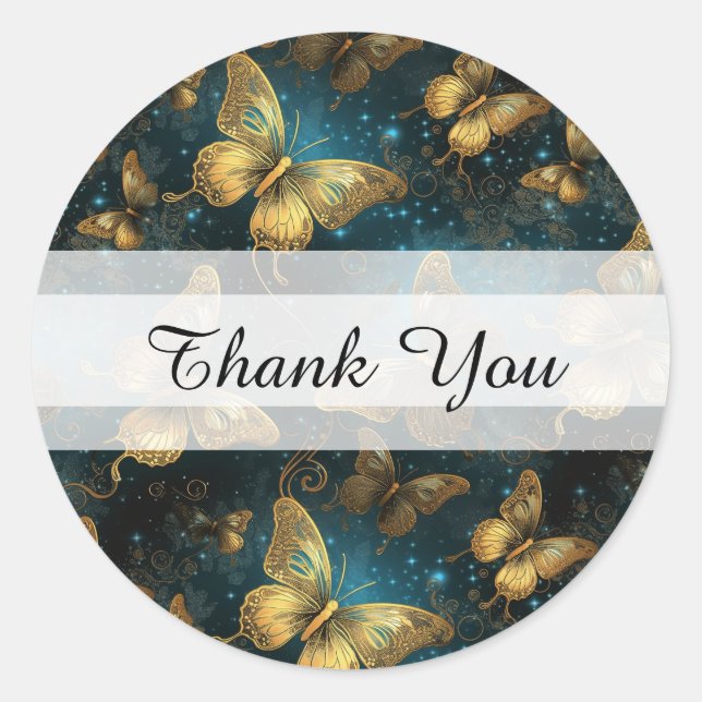 Golden Butterflies Thank You Round Stickers (Front)