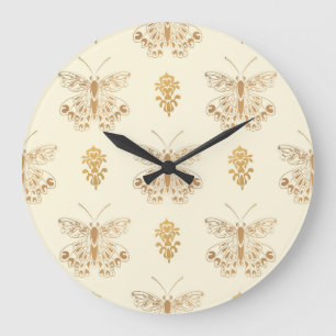 Golden butterflies, white seamless vintage backgro large clock