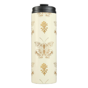 Golden butterflies, white seamless vintage backgro thermal tumbler