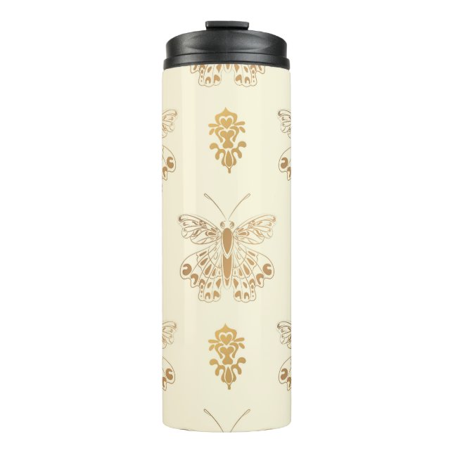 Golden butterflies, white seamless vintage backgro thermal tumbler (Front)