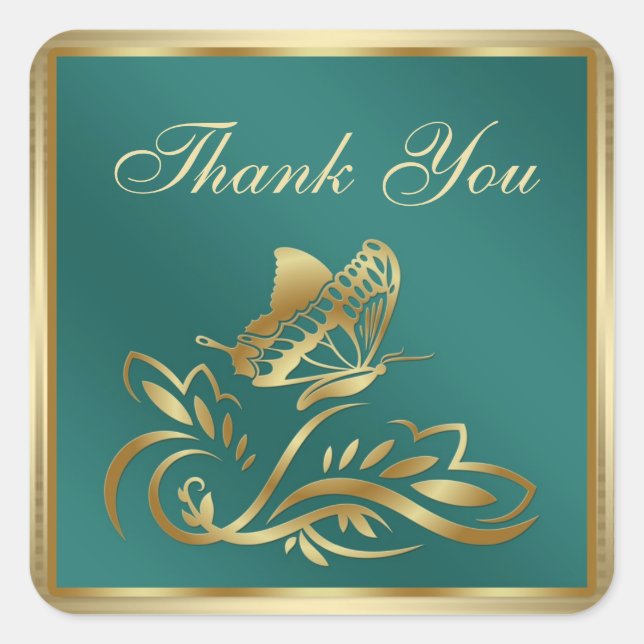 Golden butterfly and swirls on teal Thank You Square Sticker (Front)