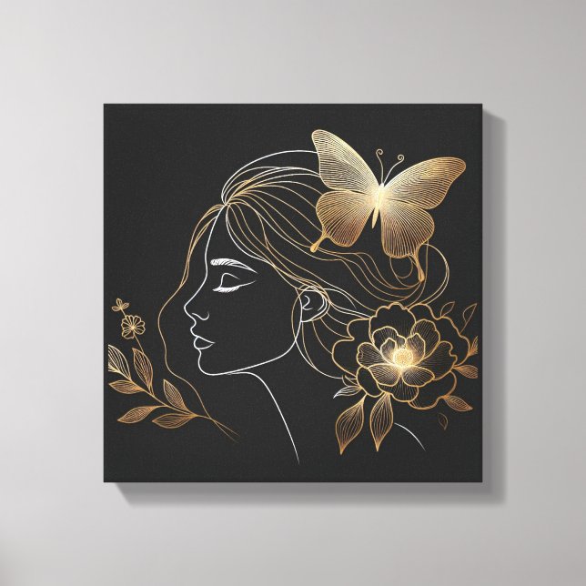 Golden Butterfly Crown on Feminine Profile Canvas Print (Front)