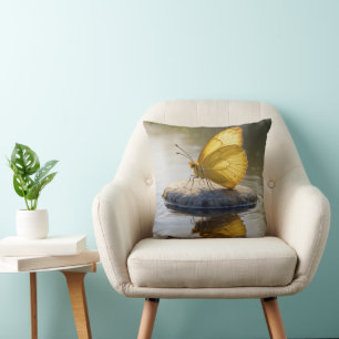 Golden Butterfly On a Rock in Water Cushion