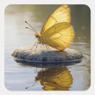 Golden Butterfly On a Rock in Water Square Sticker