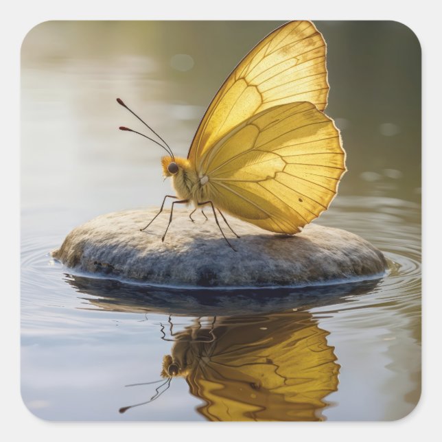 Golden Butterfly On a Rock in Water Square Sticker (Front)