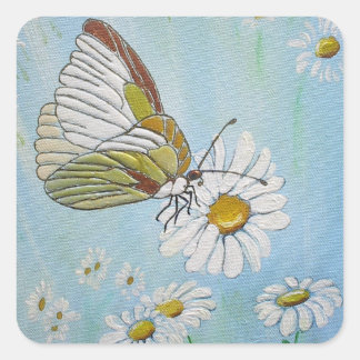 Golden Butterfly on a White Daisy Square Sticker