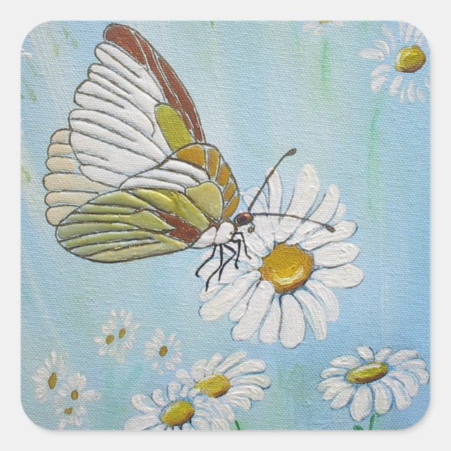Golden Butterfly on a White Daisy Square Sticker (Front)