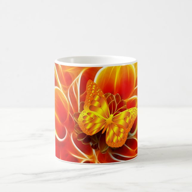 Golden Butterfly on Fiery Abstract Background Coffee Mug (Center)