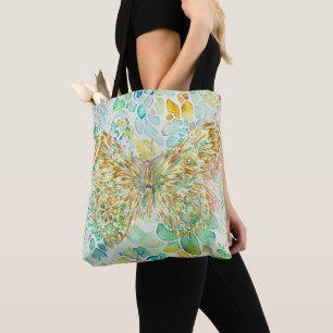 Golden Butterfly on Floral Tote Bag