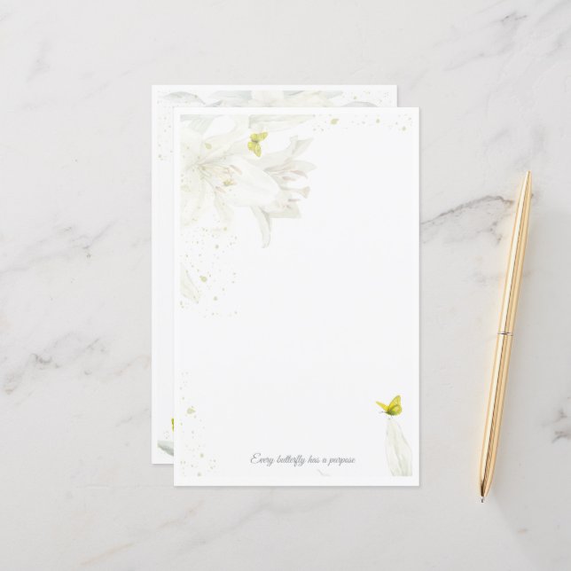 Golden Butterfly on Lilies – Watercolor Stationery (Front/Back In Situ)
