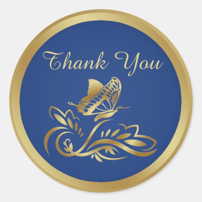 Golden butterfly on royal blue Thank You Sticker (Front)