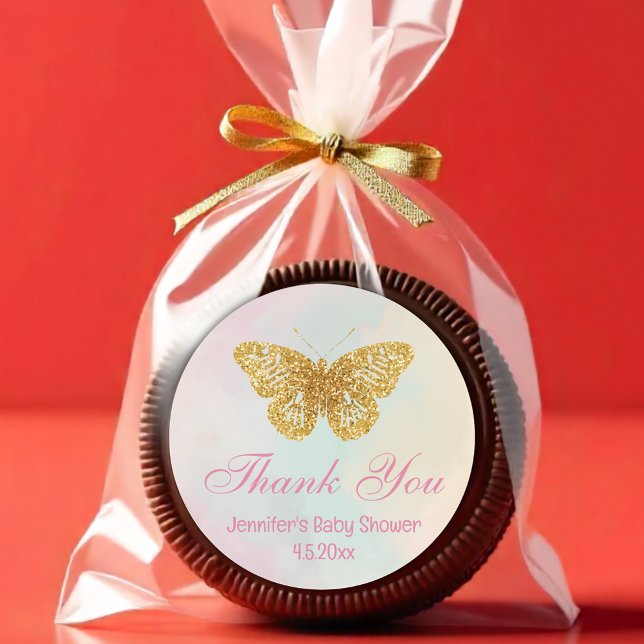 golden butterfly pink baby shower thank you cute classic round sticker (Creator Uploaded)