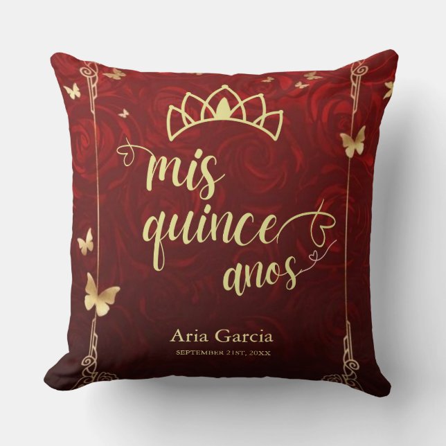 Golden Butterfly Red Roses Floral Quinceañera Cushion (Front)