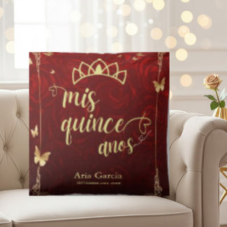 Golden Butterfly Red Roses Floral Quinceañera Cushion